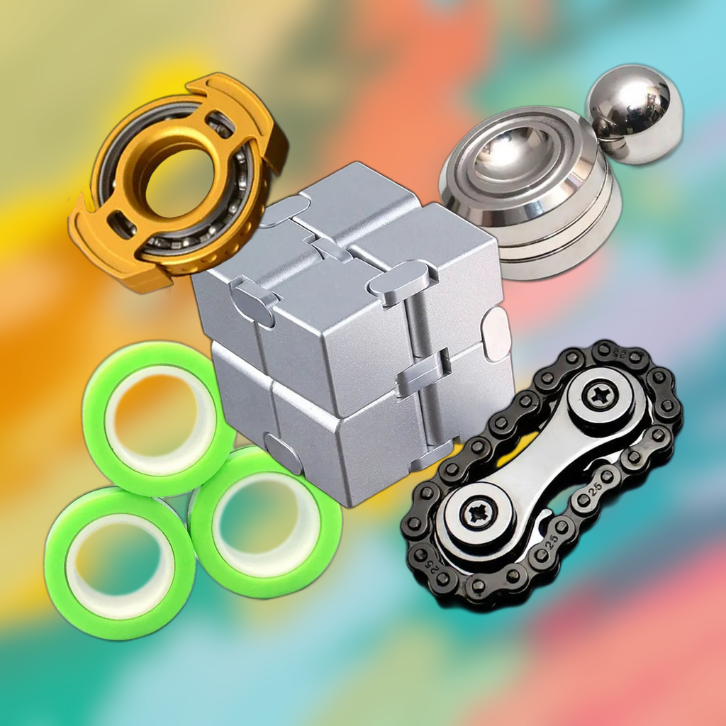 A variety of colorful fidget toys in different shapes and textures, displayed against a vibrant background.
