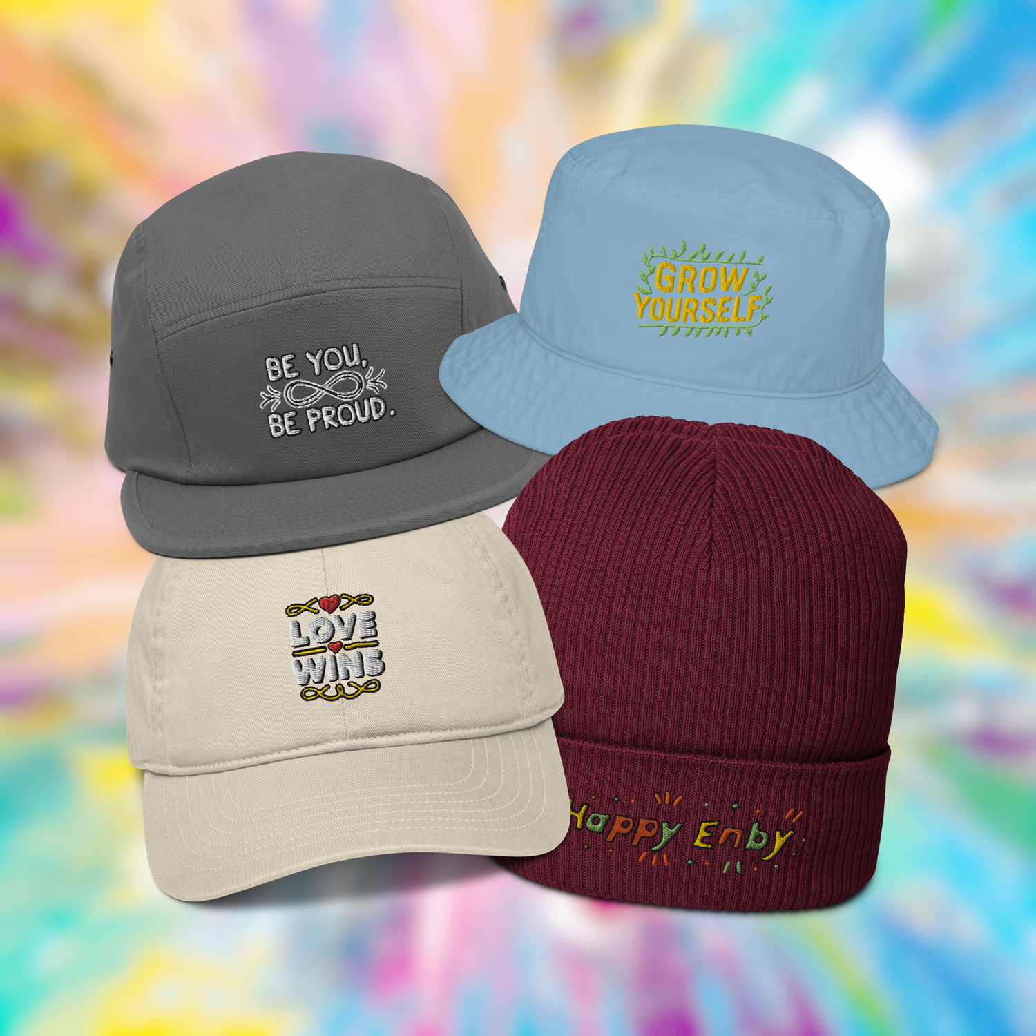 A beanie, a bucket hat, and two types of caps in green, blue, and red colors, made from organic cotton, displayed against an earthy background.