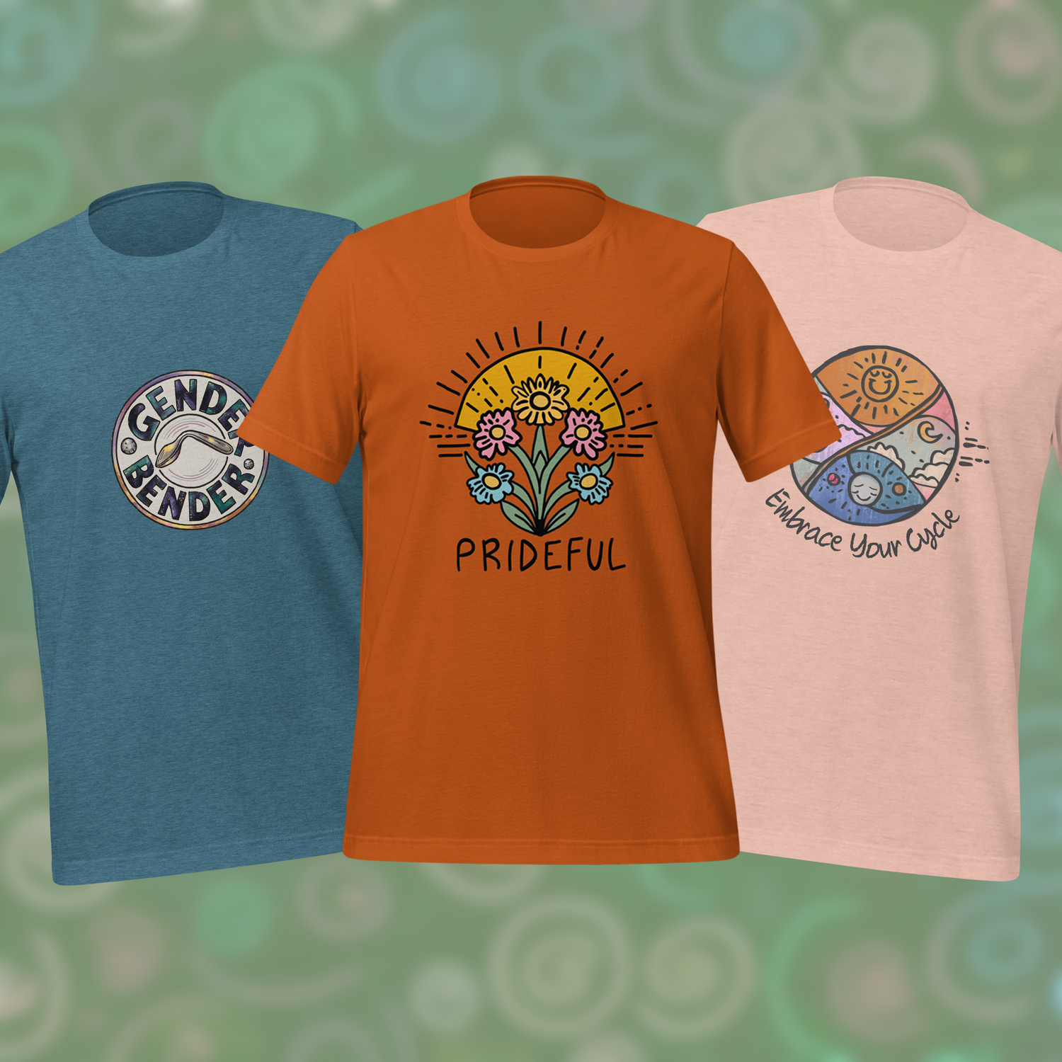  Three t-shirts in blue, red, and pink colors with mindful designs, displayed against a swirly green background.