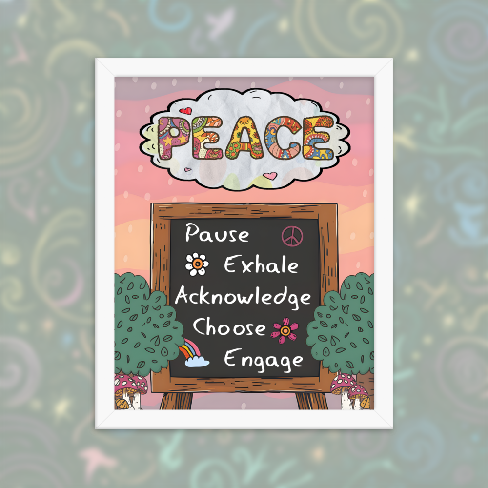 Framed illustrated poster with a white frame titled 'PEACE' featuring a checklist with items: Pause, Exhale, Acknowledge, Choose, Engage. The background includes trees, mushrooms, and a colourful sky with swirls.